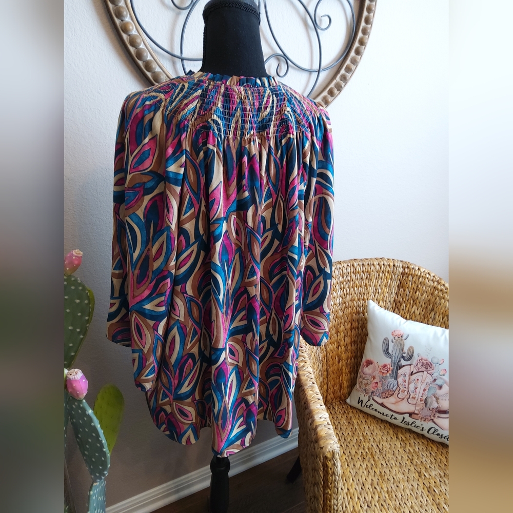Investments Multicolor Leaf-Print Smocked-Neck Blouse - Picture 7 of 11